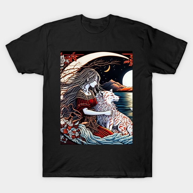 Nighttime by the Lake with a Feline Friend T-Shirt by GozuDesigns